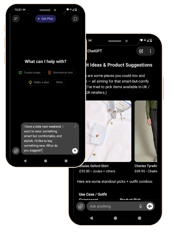 Two mobile phones showing ChatGPT recommending clothes following a user prompt for ideas