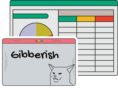 An excel spreadsheet with an interface over it showing a troll cat with the caption gibberish as a representation of broken AI agents
