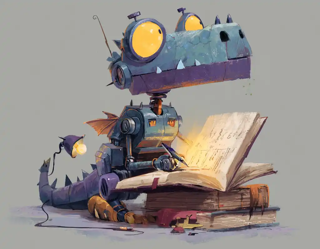 A robot dragon reading and taking notes on a book.